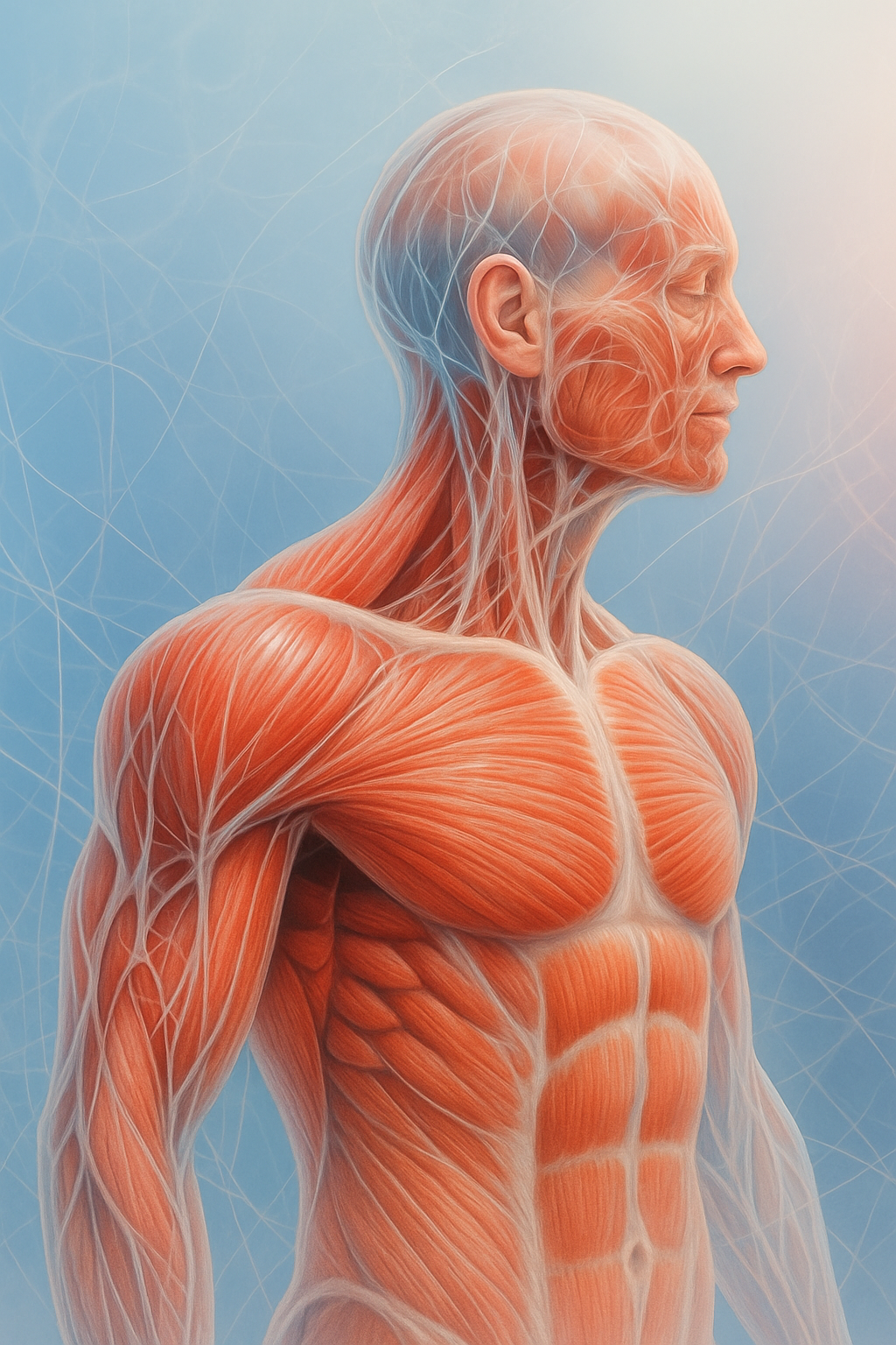 Ilustrácia myofasciálneho systému ľudského tela – spojenie svalov a fascií ako orgánu zdravia a dlhovekosti.